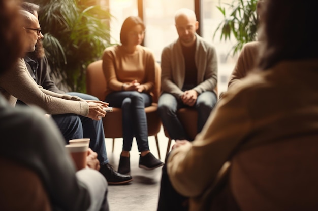 Unerkennbare Menschen halten sich bei einer Gruppenpsychotherapie-Sitzung an den Händen