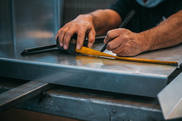 Unerkennbare Person arbeitet in einer Werkstatt und schneidet Metallfunken