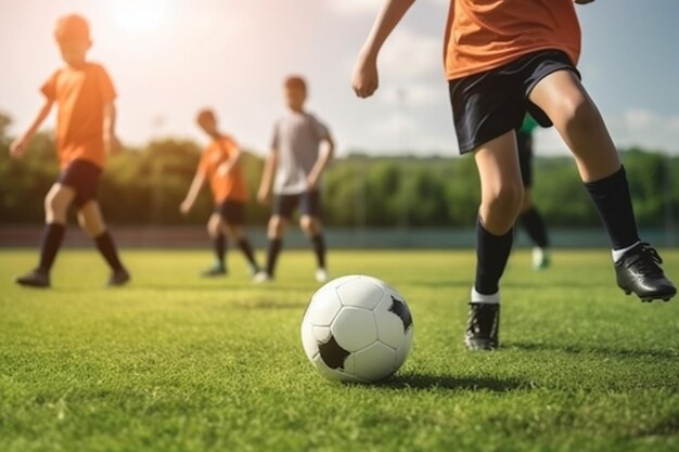 Unerkennbare Schulkinder spielen Fußball-Fußball-Trainingsspiel mit Trainer