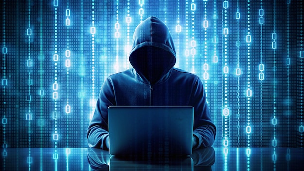 unerkennbarer junger Hacker in schwarzem Hoodie mit Laptop