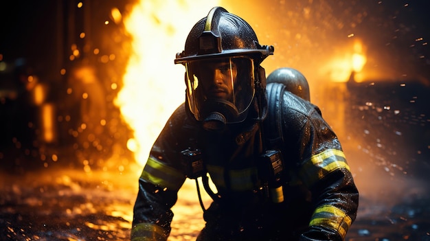Unerkennbarer Mann in Feuerwehruniform unterdrückt Feuer Generative KI