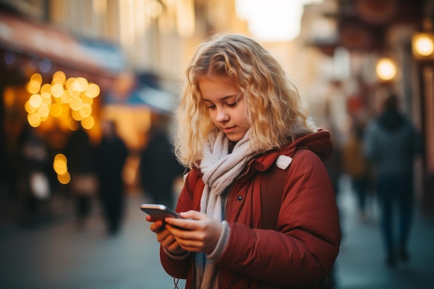 Unerkennbares junges Mädchen, das ein modernes Gerät mit Touch-Telefon verwendet