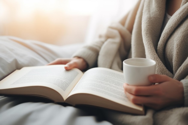 Unerkennbares Mädchen aus der Nähe Frau liest ein Buch in einem gemütlichen Schlafzimmer mit warmem Kaffee, Tee und Kakao