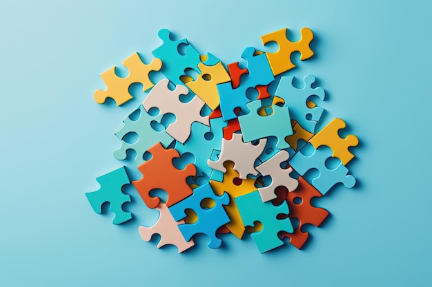 Unfertige weiße Puzzleteile auf blauem Hintergrund