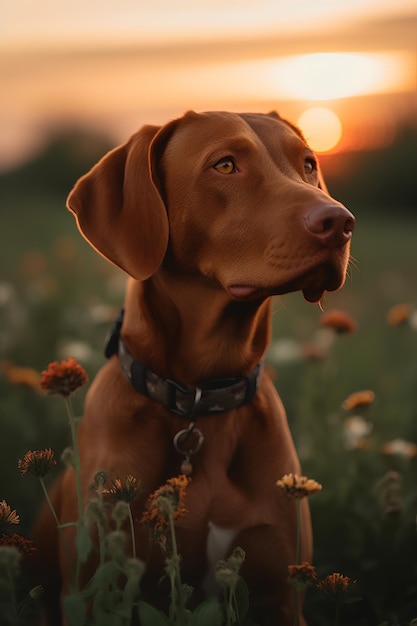 Ungarisches Vizsla auf einem Feld bei Sonnenuntergang