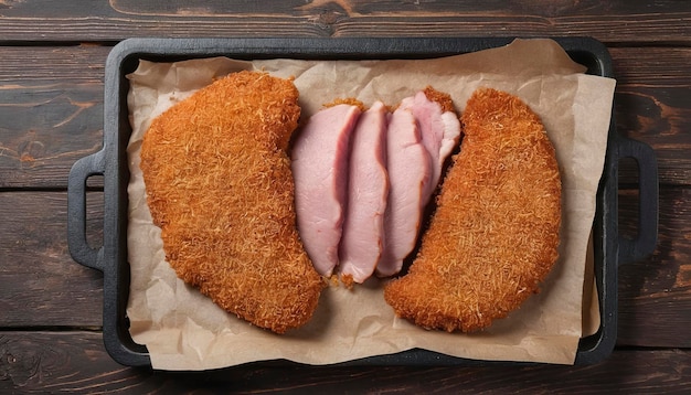 Ungekochtes Wiener-Schnitzel in Brotkrümeln, rohes Schweinefleisch, hölzerner Hintergrund