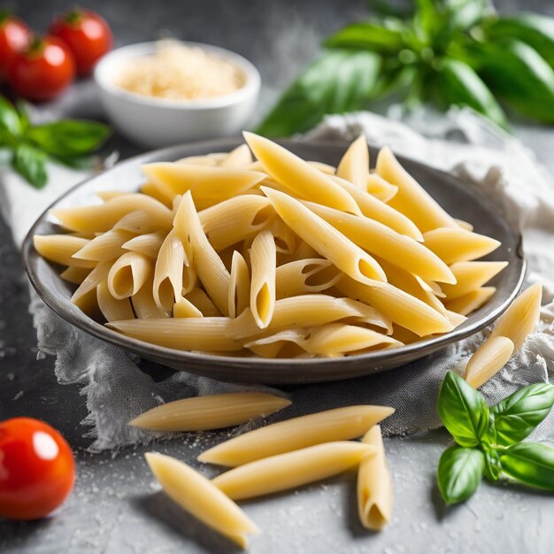 Ungekühlte rohe Penne-Pasta Italienische Speisen von oben