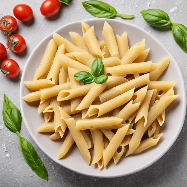 Ungekühlte rohe Penne-Pasta Italienische Speisen von oben