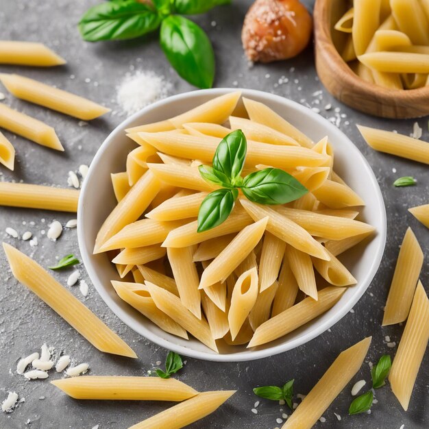 Ungekühlte rohe Penne-Pasta Italienische Speisen von oben