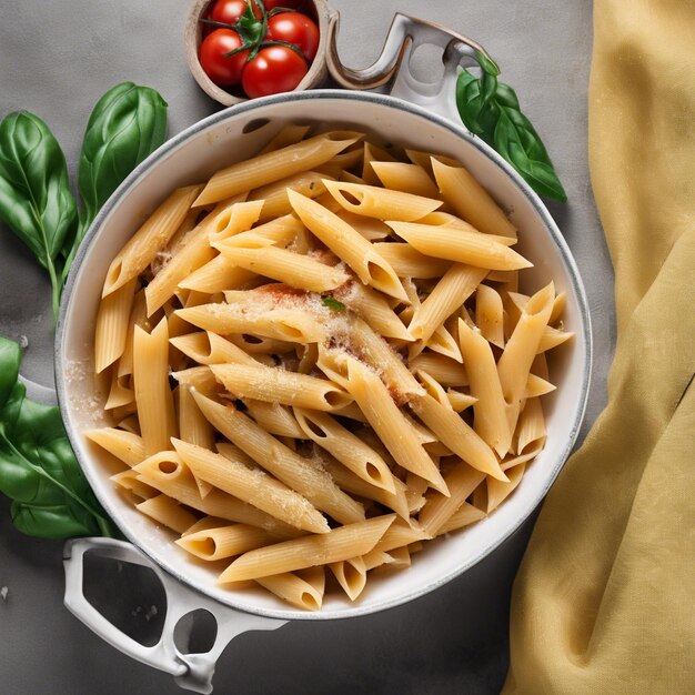 Foto ungekühlte rohe penne-pasta italienische speisen von oben