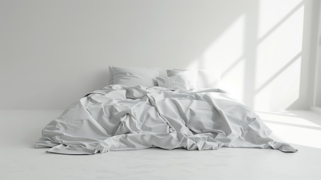 Ungemachtes Bett mit zerknitterten weißen Laken im sanften Morgenlicht