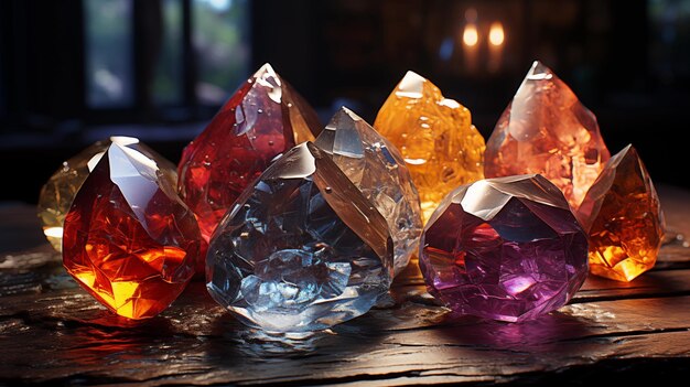 Ungeschnittene Edelsteine, Mineralien und Kristalle liegen auf einem Holztisch Makrofotografie Horizontalformat