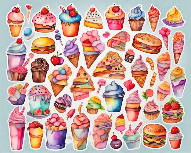 Ungesunde Ernährung und Fast-Food-Nahrung Sammlung von Süßigkeiten und Snacks Aufkleber in Aquarell-Stil Illustration, generiert von AI