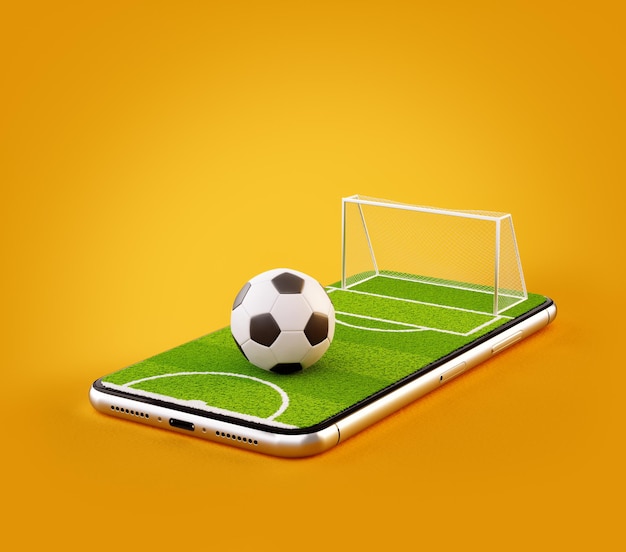 Ungewöhnliche 3D-Darstellung eines Fußballplatzes und Fußballs auf einem Smartphone-Bildschirm Fußball schauen und Online-Wettkonzept