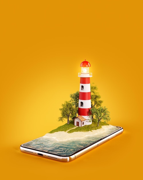 Foto ungewöhnliche 3d-illustration eines leuchtturms auf einem smartphone-bildschirm reise- und urlaubskonzept