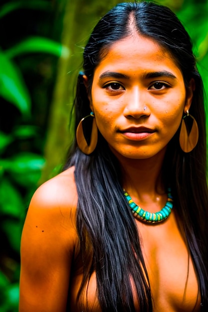 Ungezähmte Schönheit des Amazonas Ein fesselndes Porträt einer indigenen Frau aus einer Stammesgemeinschaft