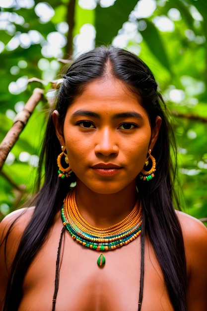 Ungezähmte Schönheit des Amazonas Ein fesselndes Porträt einer indigenen Frau aus einer Stammesgemeinschaft