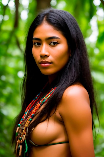 Ungezähmte Schönheit des Amazonas Ein fesselndes Porträt einer indigenen Frau aus einer Stammesgemeinschaft