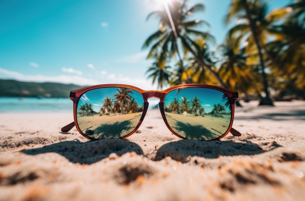 Unglasses de vários estilos refletindo na praia e na floresta