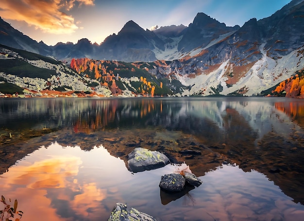 Unglaubliche Naturlandschaft Schöne Landschaft mit hohen Tatra-Gipfeln Steine im Bergsee