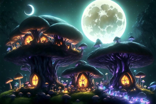Unglaubliches dunkles Cartoon-Pilzhaus auf einer Wiese mitten im magischen Wald Horror 3D-Illustration