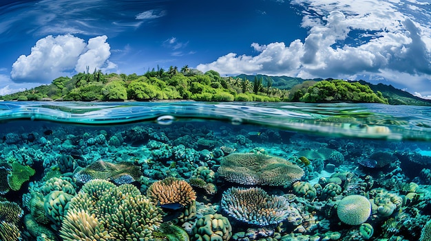 Foto unglaubliches korallenriff mit tropischer insel über und unter wasser schönes reiseziel