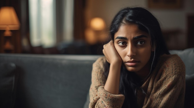 Unglückliche, depressive Inderin, die den Kopf in den Händen hält und allein zu Hause auf der Couch sitzt, betonte junge Frau, die sich Sorgen um eine schlechte Beziehung machte