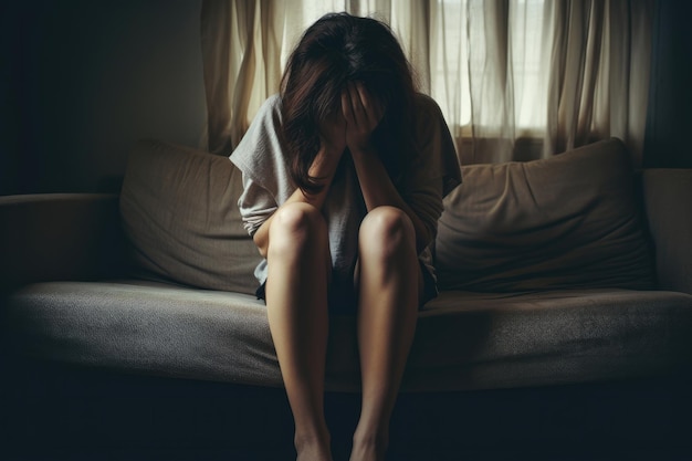 Unglückliche einsame depressive Frau zu Hause sitzt sie auf der Couch. Depressionskonzept