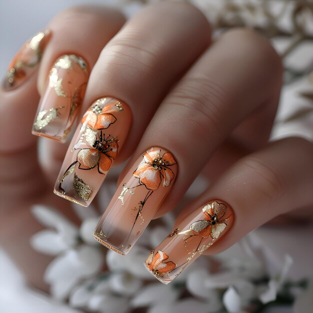 unhas de manicure floral de pêssego