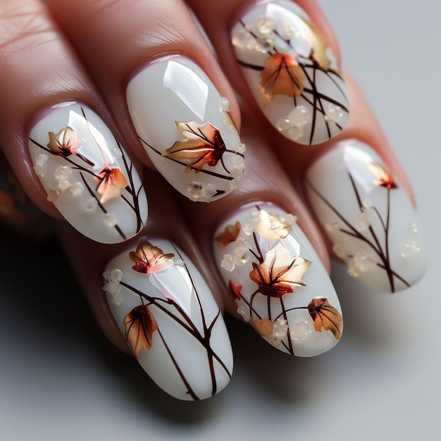 unhas de mulher com desenhos de folhas