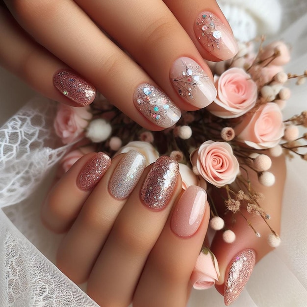 unhas de mulher com um desenho rosa e prateado