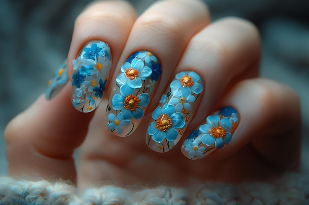 unhas femininas com figuras de pétalas de cor azul em close-up e flores arte de unhas