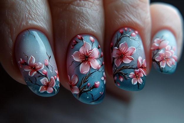 unhas femininas com figuras de pétalas de cor azul em close-up e flores arte de unhas