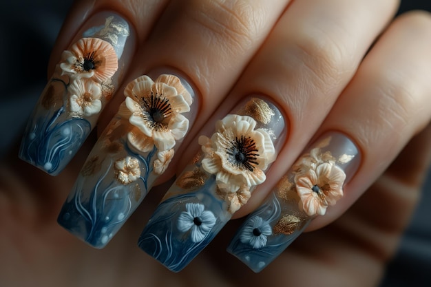 unhas femininas com figuras de pétalas de cor azul em close-up e flores arte de unhas