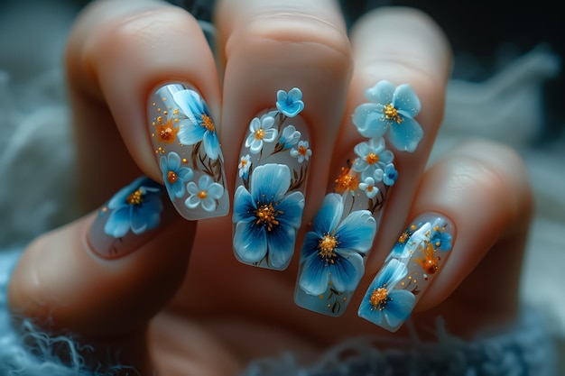 unhas femininas com figuras de pétalas de cor azul em close-up e flores arte de unhas