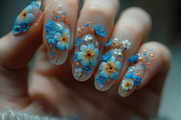 unhas femininas com figuras de pétalas de cor azul em close-up e flores arte de unhas