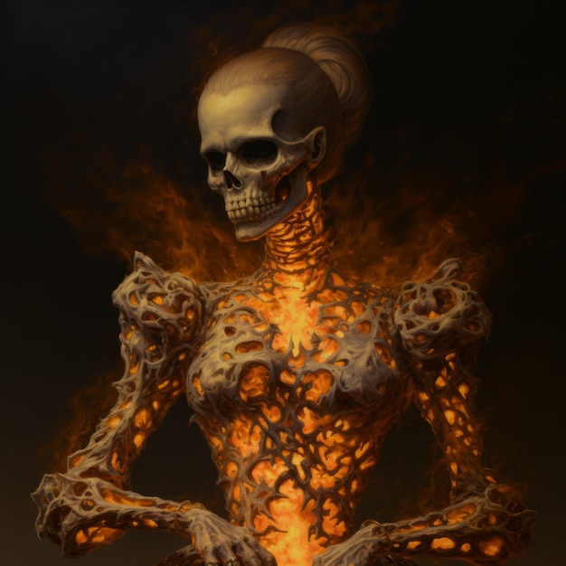 Unheimlich realistische Feueratmung weibliches Skelett Speedpainting