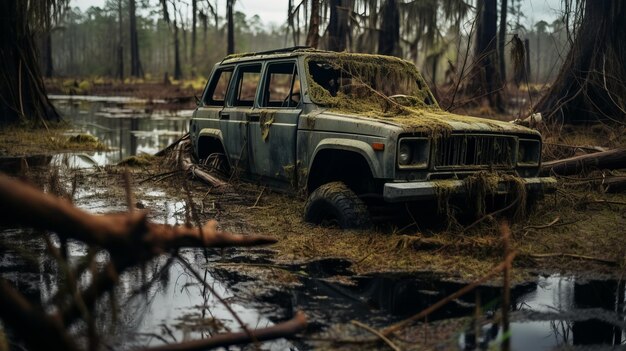 Unheimlich realistischer verlassener Jeep im Sumpf Fotorealistische städtische Szene