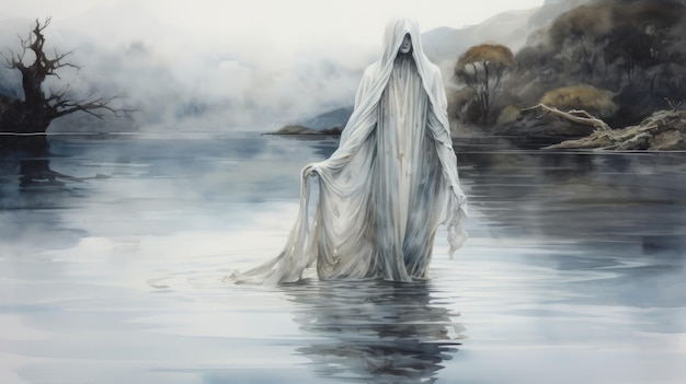 Unheimliche Aquarellmalerei einer weißen Erscheinung, die im Wasser steht