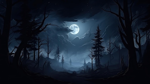 Unheimliche Nachtszene mit mondbeschienenem Waldnebel und dunkler Atmosphäre