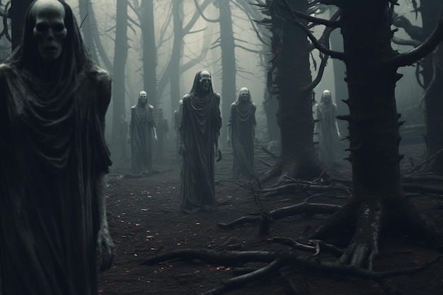 Unheimlicher Geisterwald Geisterfiguren wandern 00549 01