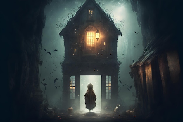 Unheimliches gruseliges Haus mit Geist Der große alte verlassene Haustod ist Herrin des Hauses Geisterspiel
