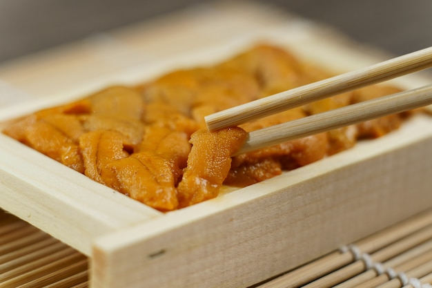 Uni sushi en palillos. Erizo de mar (uni sashimi), comida japonesa.