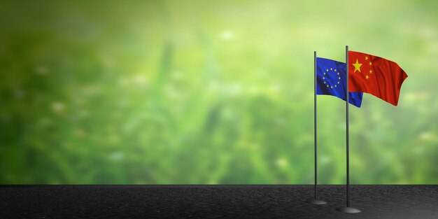 União Europeia e china duas bandeiras em mastros
