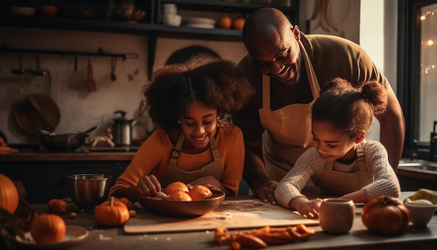 Foto união familiar na cozinha doméstica preparando comida caseira com prazer gerado pela inteligência artificial