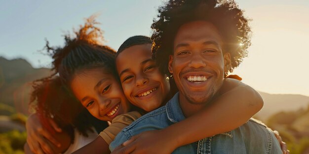 União radiante Uma família de raça mista compartilha um momento alegre Seus sorrisos radiam de felicidade e unidade