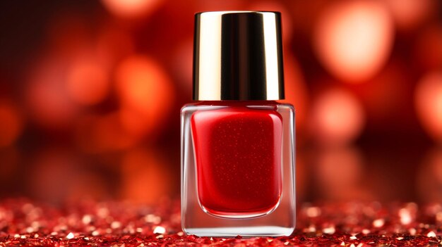 Un único esmalte de uñas rojo glamuroso solitario sobre un fondo rojo.