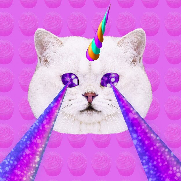 Unicorn Candy Cat mit Lasern aus den Augen. Minimales Collagen-Modekonzept