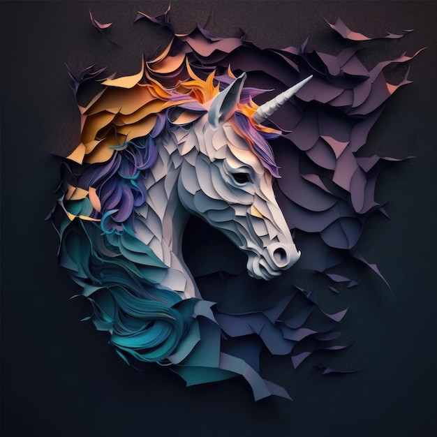 Unicornio 3d papel en capas ilustración de arte pared cuadrada