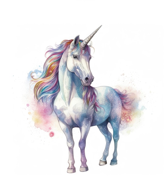 Unicornio de acuarela aislado sobre un fondo blanco Ilustración de acuarelas IA generativa